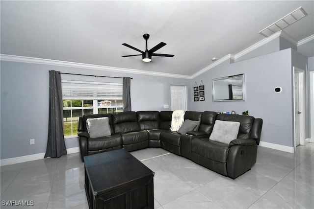 living room with vaulted ceiling, ornamental molding, and ceiling fan