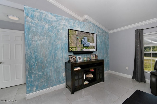 living area with light tile patterned flooring and ornamental molding