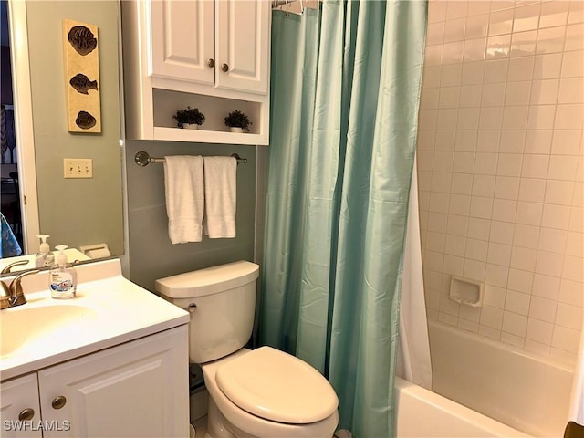 full bath featuring toilet, shower / bathtub combination with curtain, and vanity