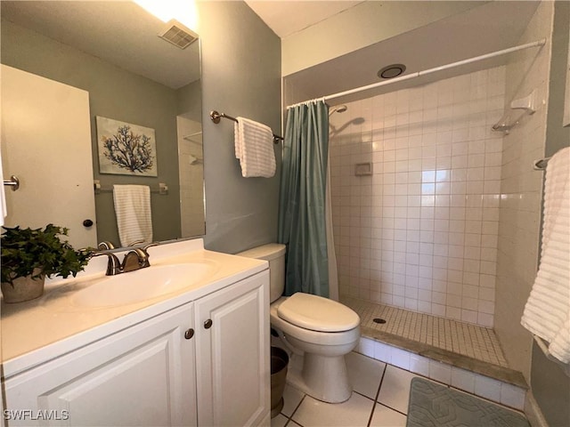 full bathroom featuring tile patterned floors, visible vents, toilet, and tiled shower