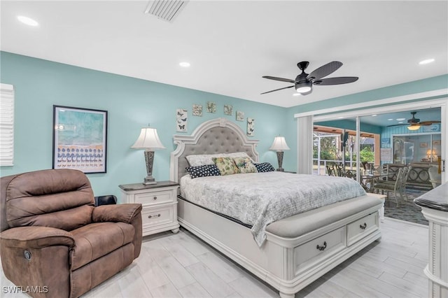 bedroom with access to exterior, light hardwood / wood-style floors, and ceiling fan