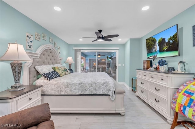 bedroom featuring ceiling fan and access to exterior