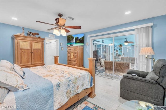 bedroom featuring access to outside, a closet, ceiling fan, and light wood-type flooring