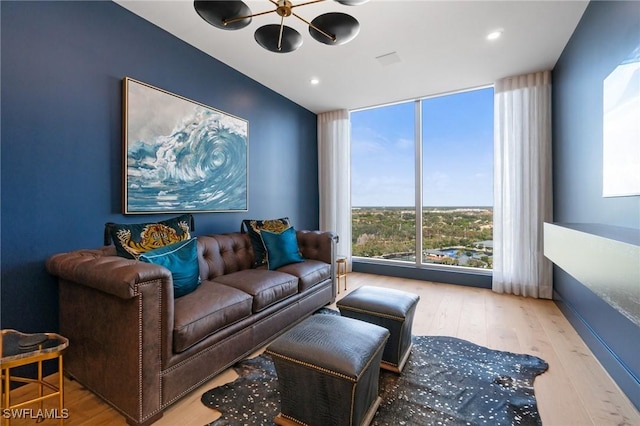 living room featuring floor to ceiling windows and wood-type flooring