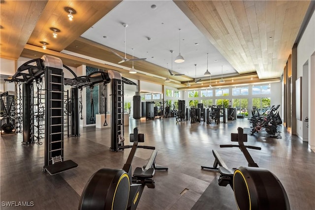 exercise room featuring a tray ceiling