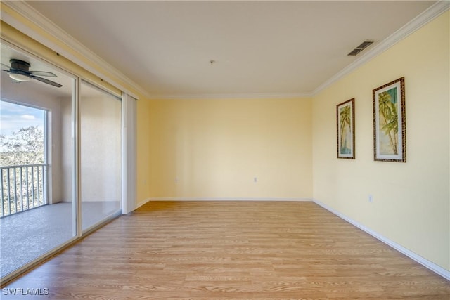 unfurnished room with crown molding, ceiling fan, and light hardwood / wood-style floors