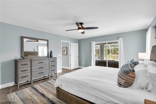 bedroom featuring dark wood-type flooring and ceiling fan