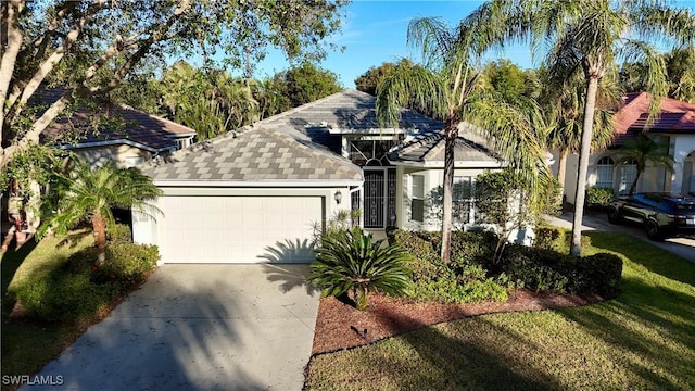 view of front of house featuring a garage and a front lawn