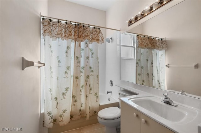 full bathroom with vanity, tile patterned flooring, toilet, and shower / bath combo with shower curtain