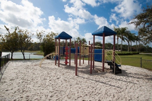 view of play area featuring a water view