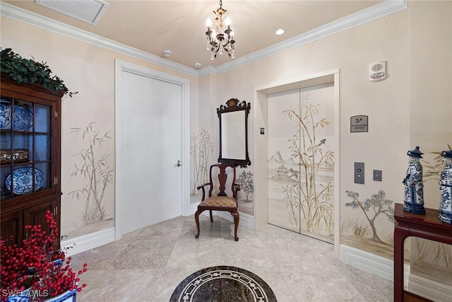 living area with a notable chandelier and ornamental molding