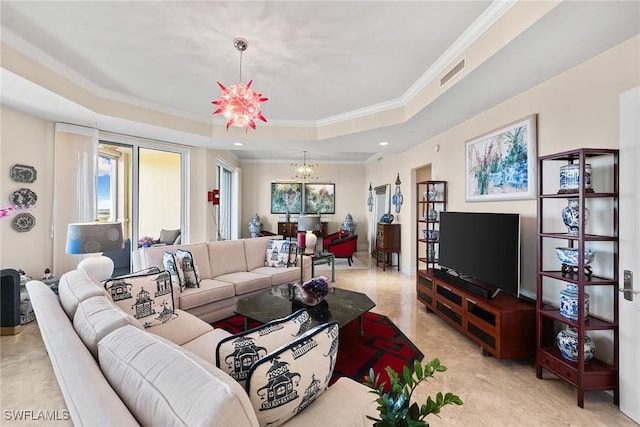 living room with an inviting chandelier, a tray ceiling, a wealth of natural light, and crown molding