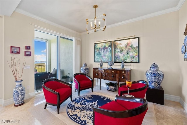 living area with crown molding and a chandelier