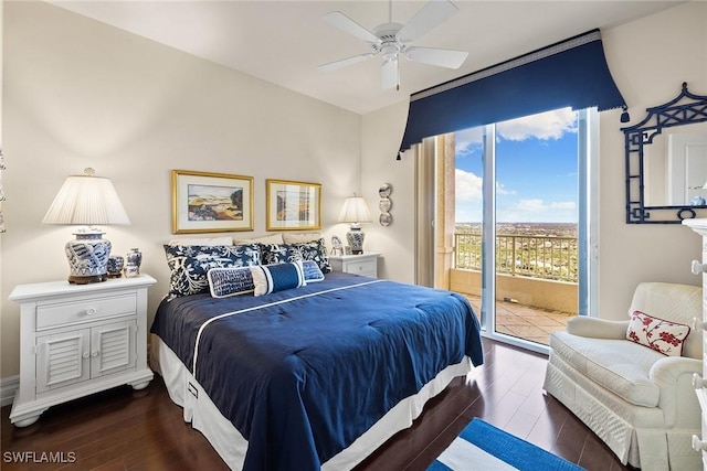 bedroom featuring ceiling fan, access to outside, and dark hardwood / wood-style flooring