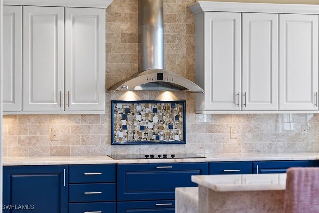 4751 W Bay Blvd Unit 2002, Estero, FL 33928 - kitchen with wall chimney range hood, white cabinetry, black electric stovetop, blue cabinets, and light countertops
