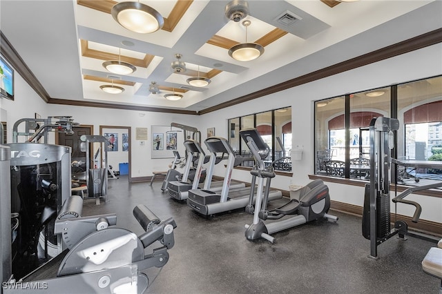 exercise room featuring crown molding and coffered ceiling