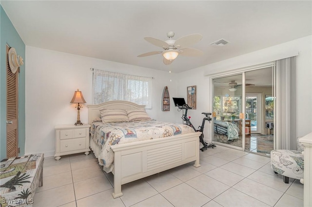 bedroom featuring light tile patterned flooring, access to exterior, and ceiling fan