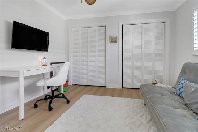 office with ornamental molding and light wood-type flooring