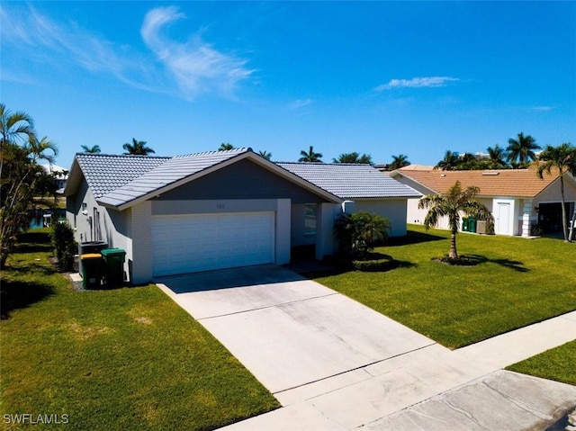 single story home with a garage and a front yard