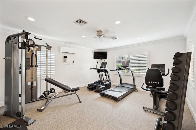 workout area featuring ornamental molding, an AC wall unit, ceiling fan, and carpet