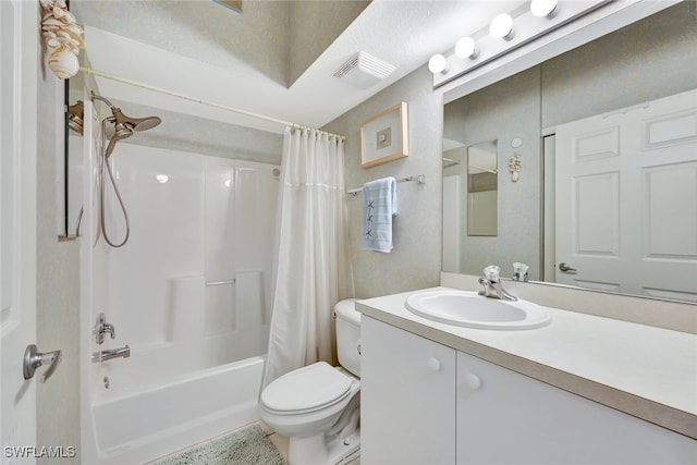 full bathroom with toilet, vanity, and shower / bathtub combination with curtain