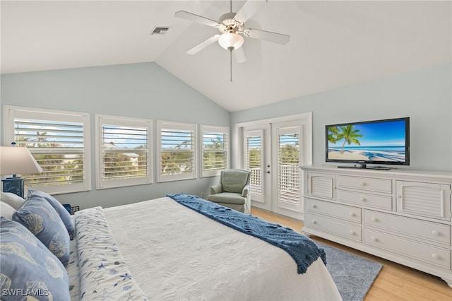 bedroom featuring french doors, vaulted ceiling, light wood-type flooring, ceiling fan, and access to exterior