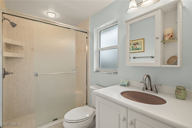 bathroom with a shower with door, vanity, and toilet