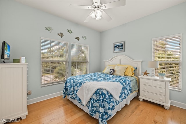 bedroom with ceiling fan and light wood-type flooring