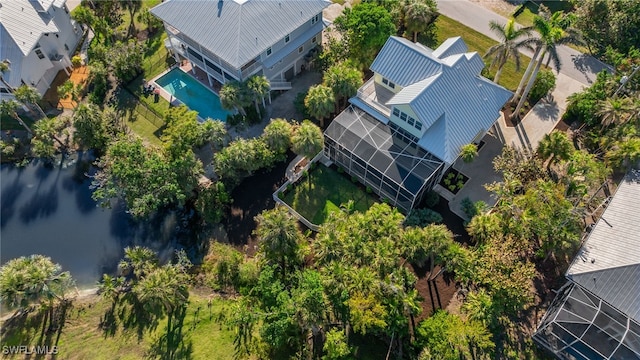 drone / aerial view with a water view