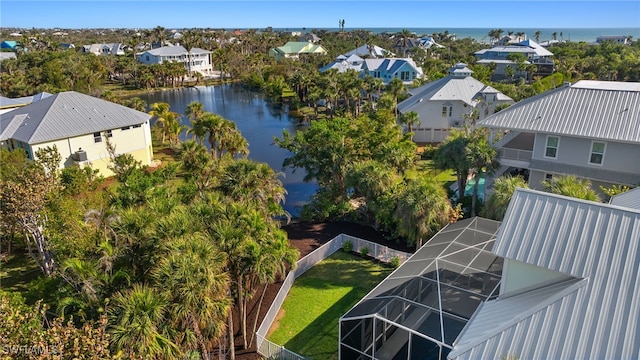 drone / aerial view featuring a water view