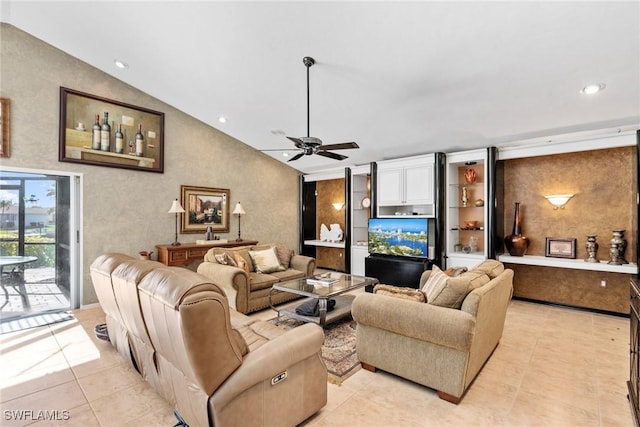 living room with light tile patterned floors, ceiling fan, high vaulted ceiling, and recessed lighting