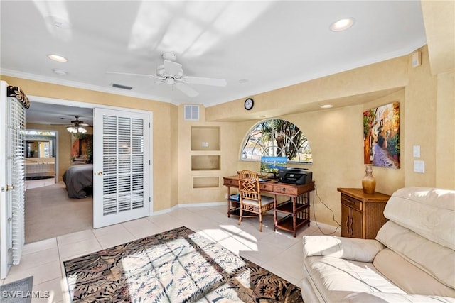 living area with light tile patterned floors, ornamental molding, visible vents, and recessed lighting