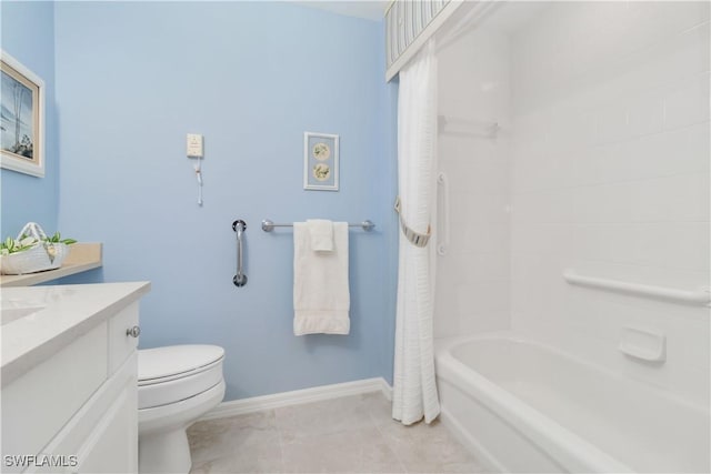 full bathroom featuring vanity, shower / bath combo, and toilet