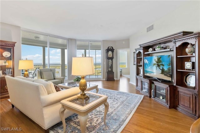 living room featuring floor to ceiling windows and hardwood / wood-style floors