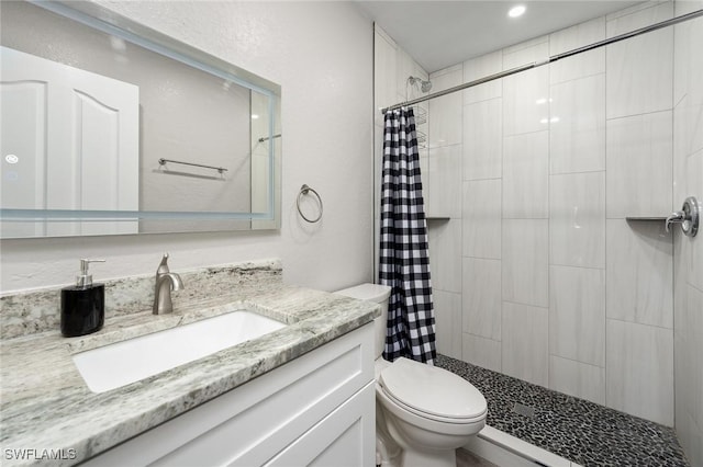 bathroom featuring toilet, vanity, and a shower with shower curtain