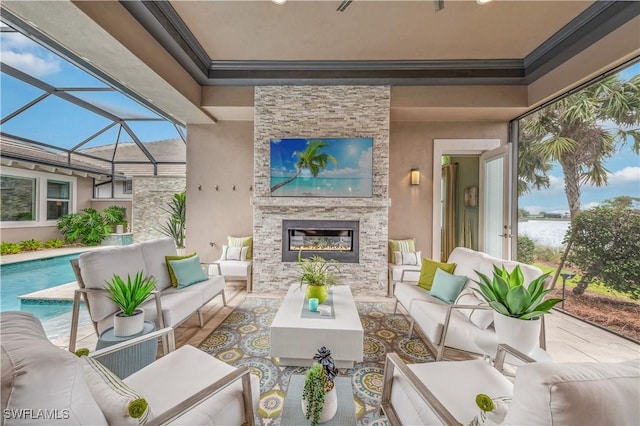 view of patio / terrace featuring an outdoor living space with a fireplace and glass enclosure