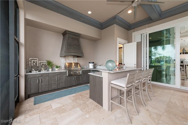 kitchen with premium range hood, a breakfast bar area, crown molding, kitchen peninsula, and ceiling fan