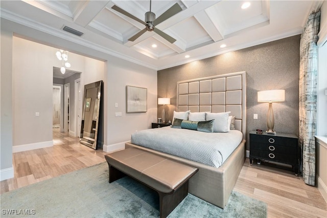 bedroom featuring ornamental molding, coffered ceiling, beam ceiling, and light hardwood / wood-style flooring