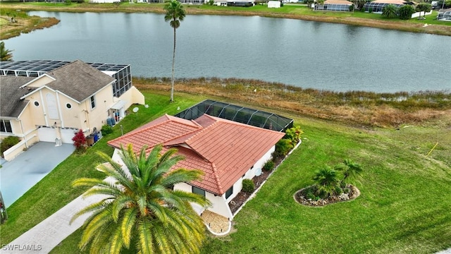 aerial view featuring a water view