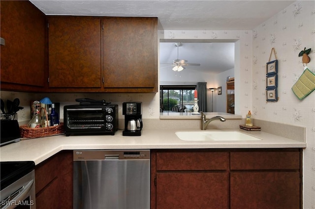 kitchen with ceiling fan, dishwasher, sink, and stove