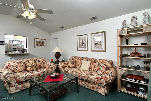 carpeted living room featuring lofted ceiling and ceiling fan