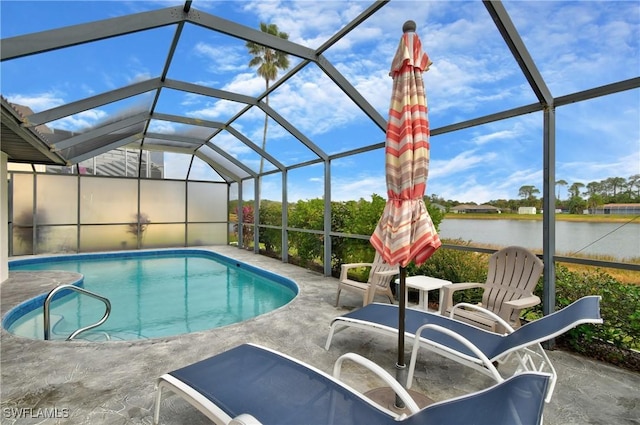 view of pool featuring a water view, a lanai, and a patio area