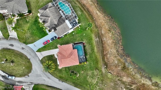 aerial view featuring a water view