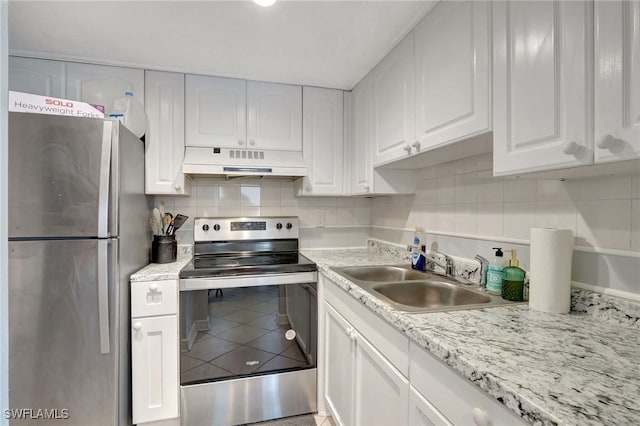 kitchen featuring sink, backsplash, stainless steel appliances, and white cabinets