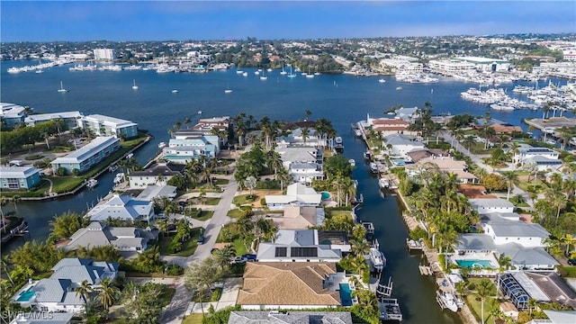 drone / aerial view featuring a water view