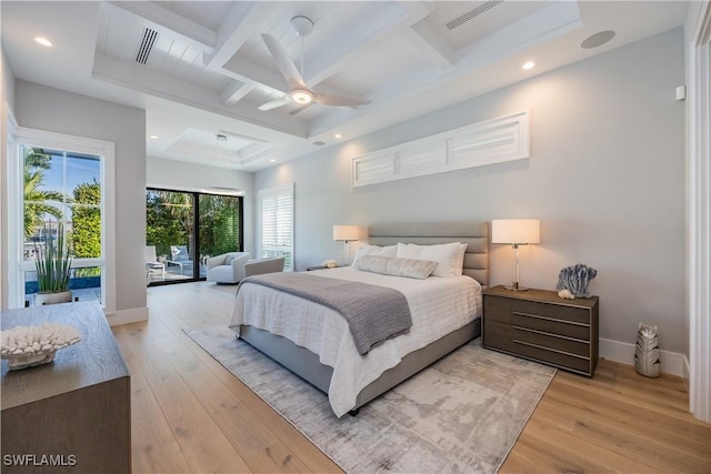 bedroom with access to exterior, coffered ceiling, beam ceiling, and light wood-type flooring