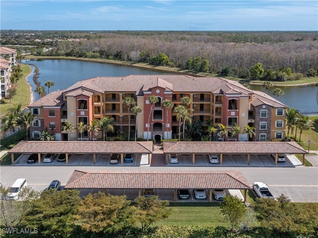 aerial view featuring a water view