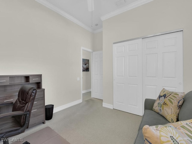 carpeted office featuring ornamental molding