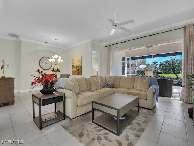 tiled living room featuring ornamental molding and ceiling fan with notable chandelier