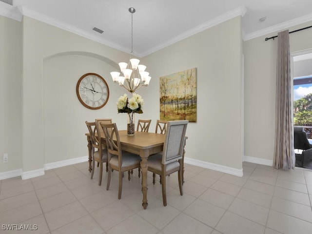 tiled dining space with ornamental molding and a chandelier